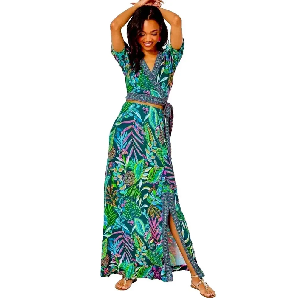 Lilly Pulitzer 2 Piece Tropical Wrap Crop Top Maxi Skirt Set XXS Floral Resort
